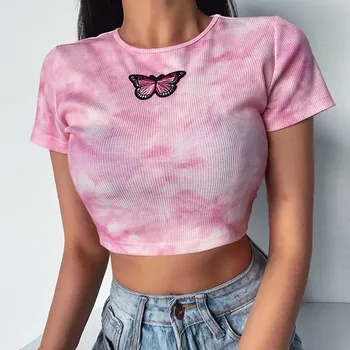 

Hot Summer Women Stretch T Shirt Casual Pullover Printing Tie dye Tee top Fashion Short sleeve O Neck High waist Sexy Crop tops