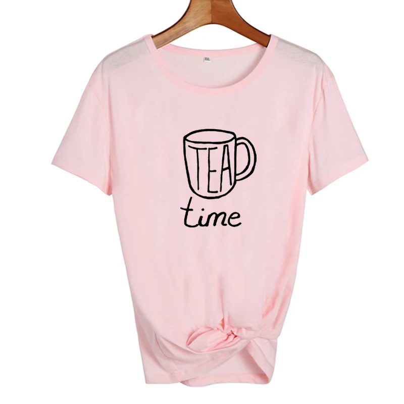 Милая забавная футболка, женские топы, чайное время Харадзюку, Повседневная графическая футболка, женская одежда, летняя повседневная футболка, черная, белая - Цвет: pink-black