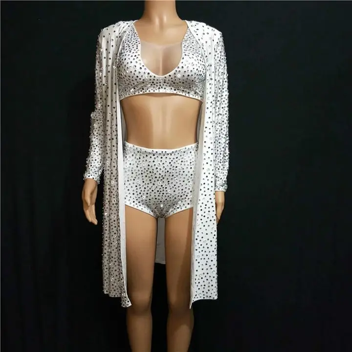 Luxurious 3 Pieces Set Stage Performance Costume Full Rhinestones Singer DJ Show Wear White Suit Jacket Cloak Nightclub Outfit
