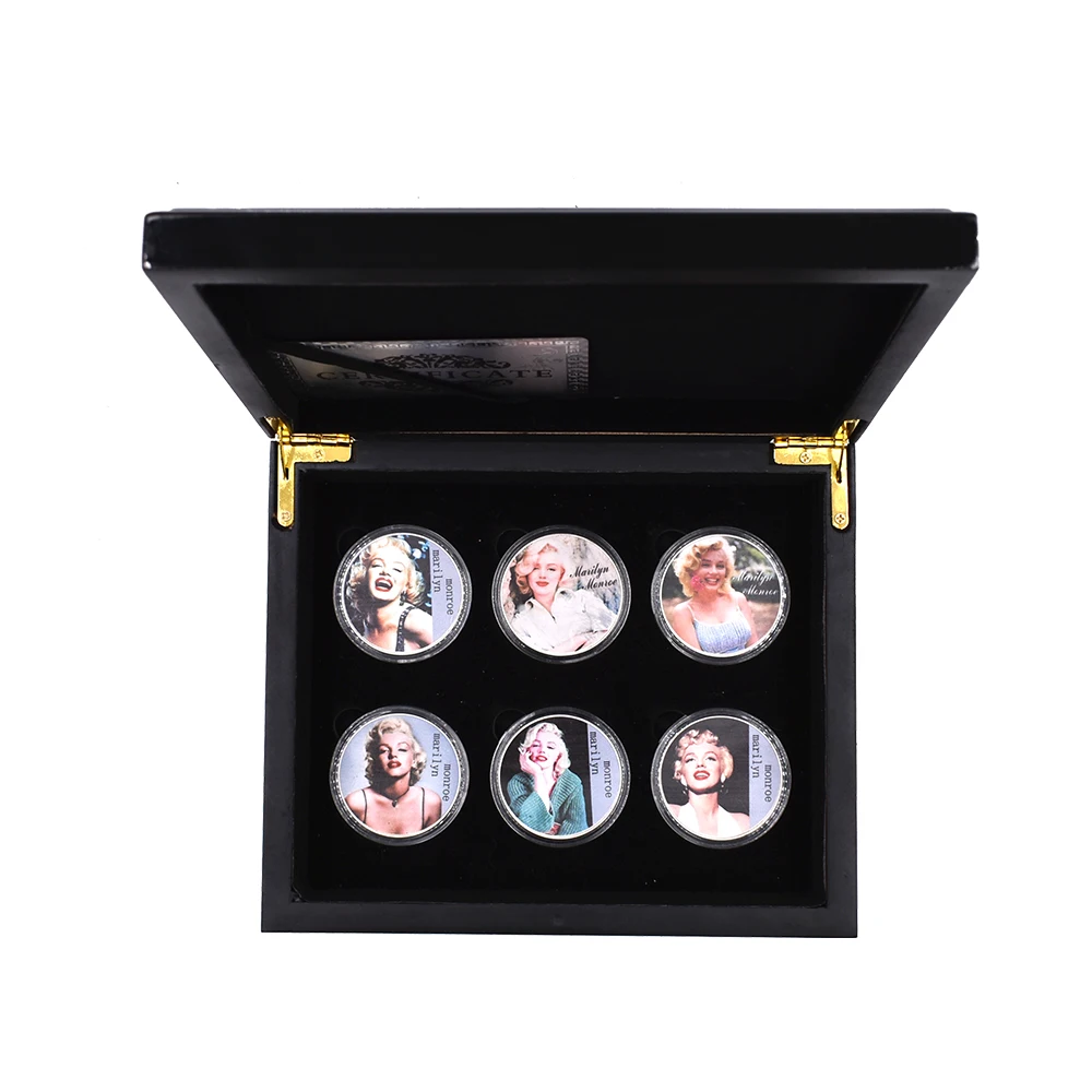 

6pcs/set Famous Star Marilyn Monroe 999.9 Silver Coin Metal Crafts Happy New Year Gifts Commemorative Coin with Wooden Box