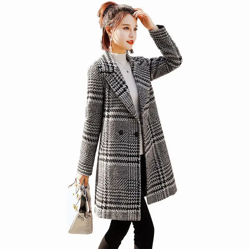 

Plaid Wool Winter Coat Women Thick Warm Black White Plaid Casual Long Coat Turn-down Collar Slim Soft Women Jacket Abrigo Mujer