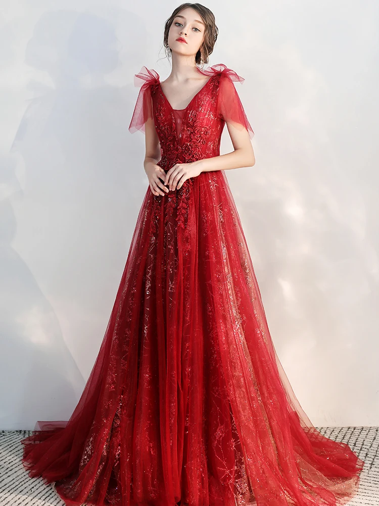 SSYFashion/Новое Вечернее платье винно-красного цвета с v-образным вырезом, кружевной аппликацией и блестками, бисероплетение, Длинные торжественные платья под заказ, Vestido De Noche
