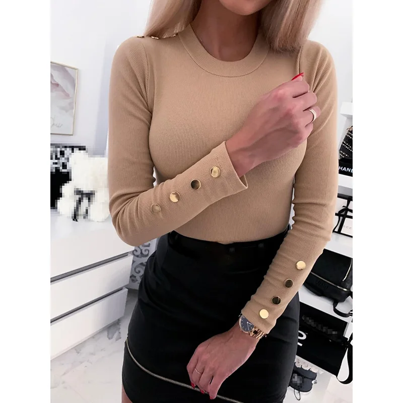 

Spring Long Sleeve Shirt Women O Neck Tops Womens Button T Shirt OL Ladies Solid Color T-shirts Harajuku Slim Streetwear SJ5227V