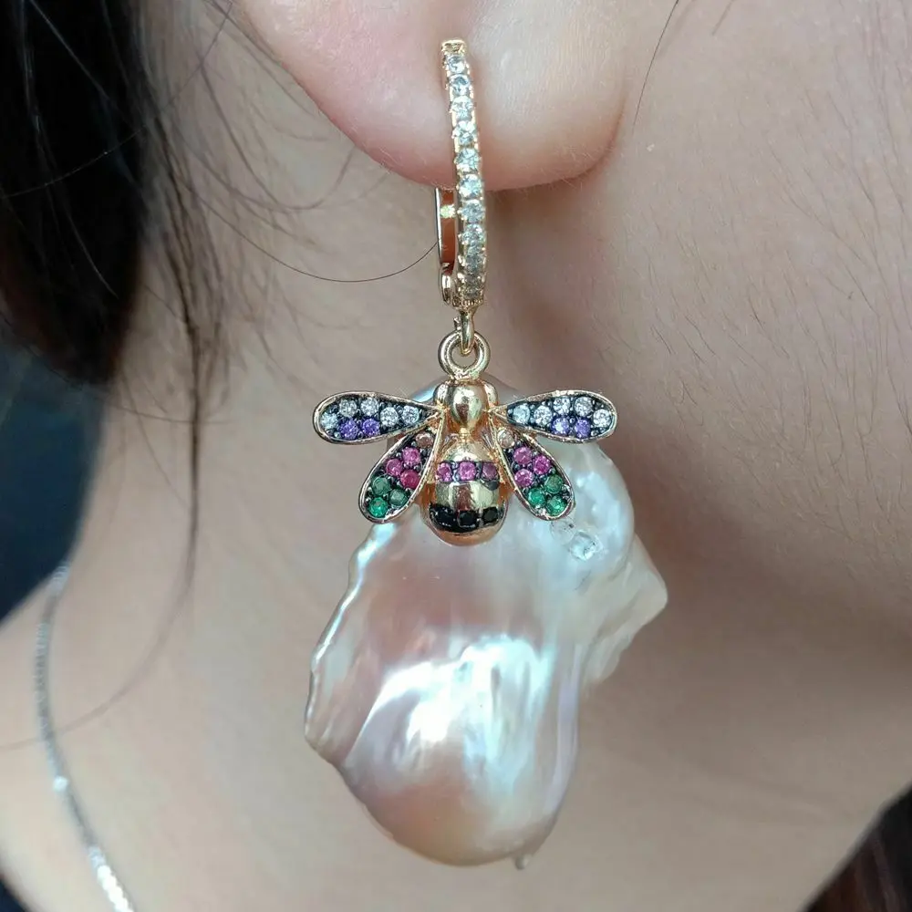 

20x31MM Cultured Pink keshi Pearl Cz pave Insect Lever back Earrings