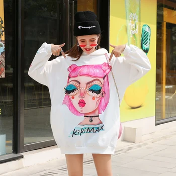 

European goods large size 2019 autumn and winter new beaded sequins loose large size plus velvet long hooded cec sweater women