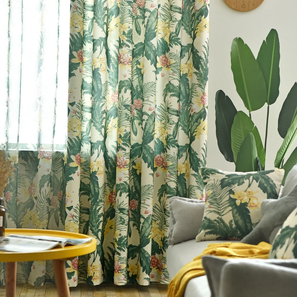 

Modern Pattern Tropical Printed Curtains Green Leaves for Living Room Rainforest Tulle Window Drape Blackout Rate 85% 420&30