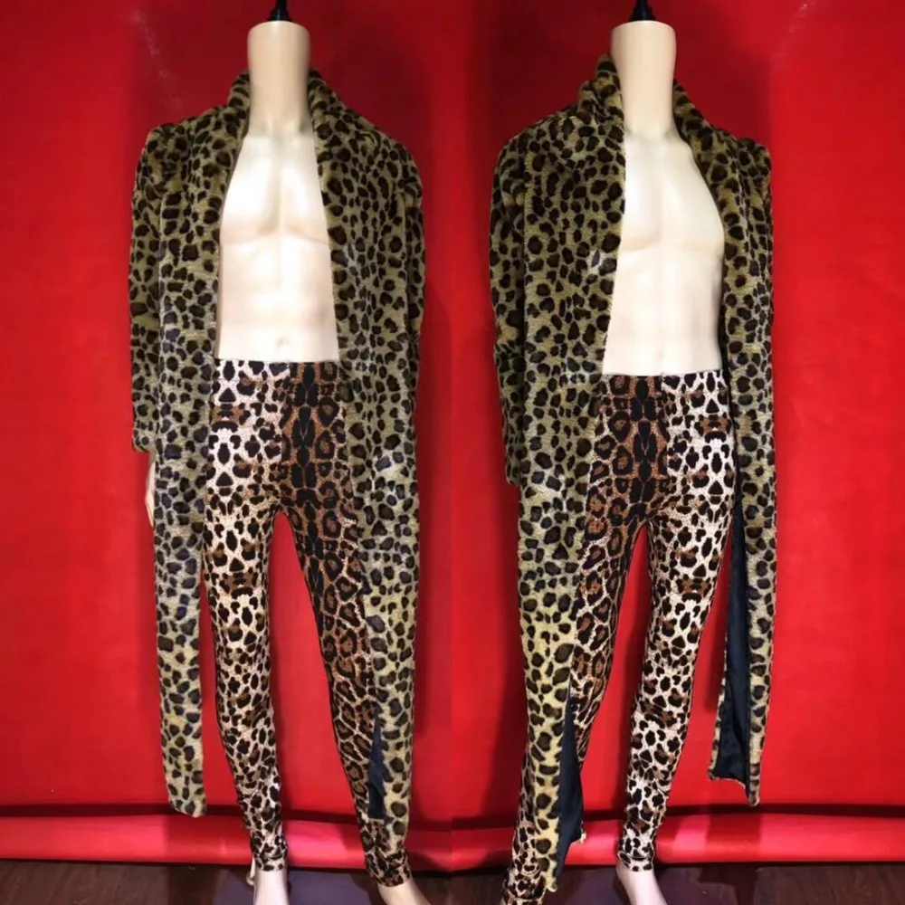 Модная леопардовая Меховая зимняя уникальная куртка брюки для мужчин танцевальная одежда для бара Мужская певица вечерняя одежда костюм для выпускного бала комплект одежды