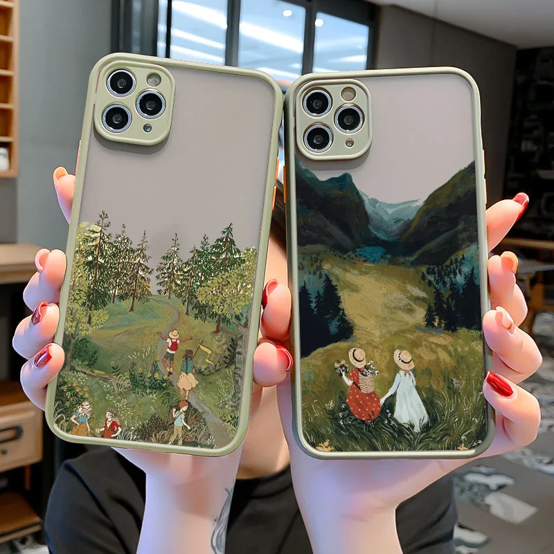 Cartoon Scenery Girl Phone Case For iphone 7 8 Plus SE 2020 13 11 12 Pro Max for iPhone X XR XS MAX Hard Shockproof Cover Fundas