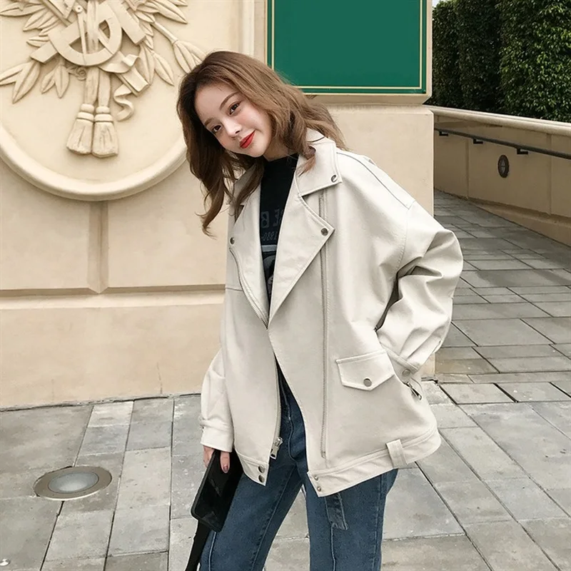 Океанlove Harajuku Женская куртка на молнии, однотонная верхняя одежда, шикарная корейская модная Осенняя кожаная куртка с v-образным вырезом ретро-топы 12731
