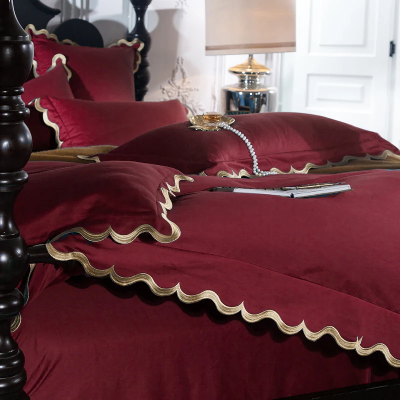 100%Cotton Lace Bedding Set King size Queen bed/Fitted sheet Duvet cover Bedding sets Red Blue Pink