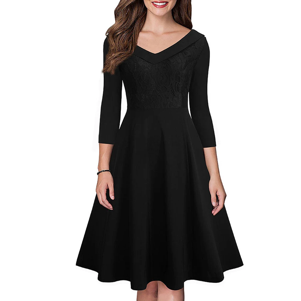 

Women Elegant Lace Embroidery Floral Vintage Turn-Down Collar Slim Tunic Casual Work Party Fit Flare A-line Dress EA068