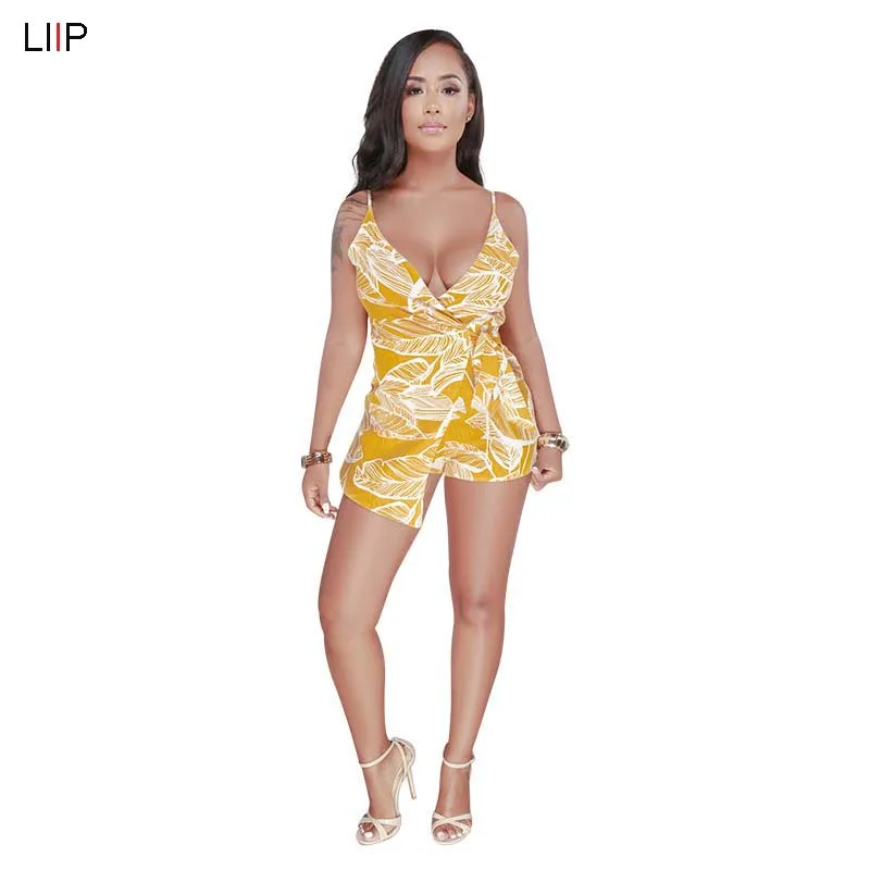 Лето размера плюс сексуальный спагетти ремень печати bodycon playsuit LIIP боди, комбинации женский комбинезон с треугольным вырезом overallsF5051 - Цвет: Цвет: желтый
