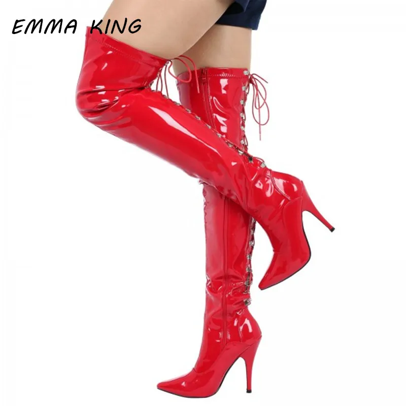 

Red Patent Leather Lace Up Thigh High Boots Women Pointed Toe Back Cross Straps Knight Boots Side Zip Stiletto High Heel Shoes