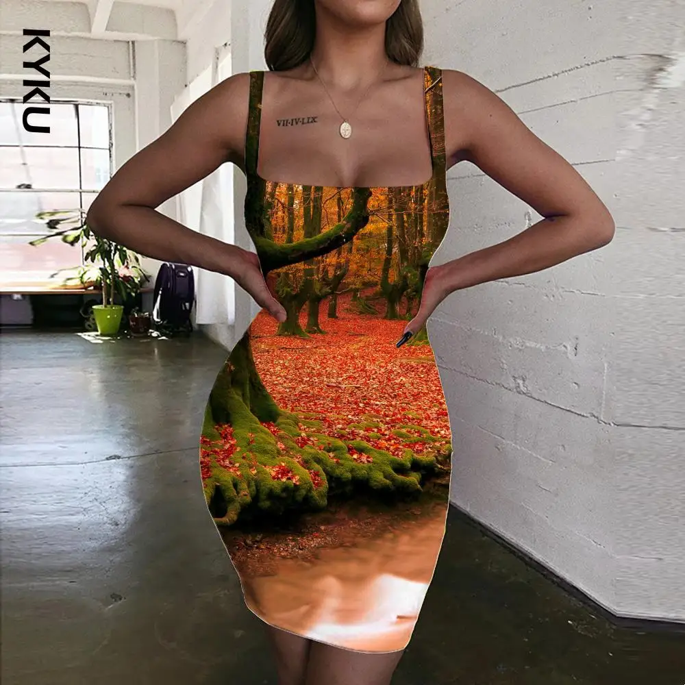 

KYKU Brand Tree Dress Women Forest Halter Sleeveless Landscape Bodycon Dress Harajuku 3d Print Womens Clothing Mini Evening New