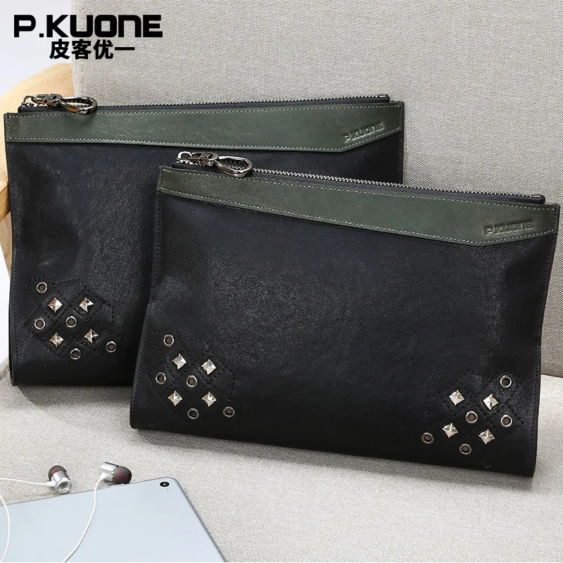 

Men Fashion Cool Rivet Clutch First Layer Cattle Large-Volume Envelope Bag Retro Joint Contrast Color Genuine Leather Hand Grab