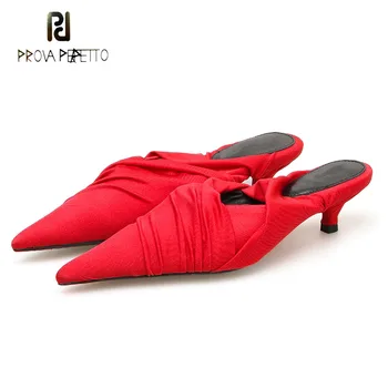 

Prova Perfetto Sexy Pointed Toe Kitten Heel Slipper Women Red Black Pleated Design Mules Shoe Slip on Outdoor Runway Shoes Women