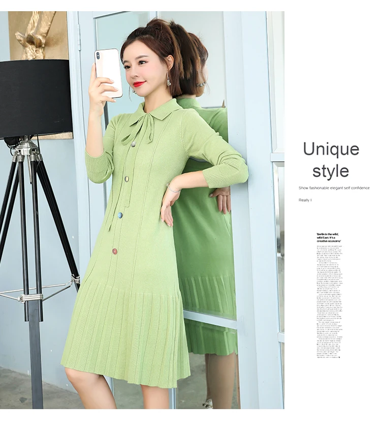 Bowknot Women Knit Dress Turn Down Pleated Hem Midi Knit Dress Korean Sweet Elegant Slimming Autumn Winter Women Dress