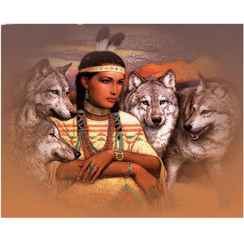 

Needlework 5D Diy Diamond Painting Indian Woman Wolf cross Stitch Rhinestone Full square drill pasted mosaic Home Decor L650