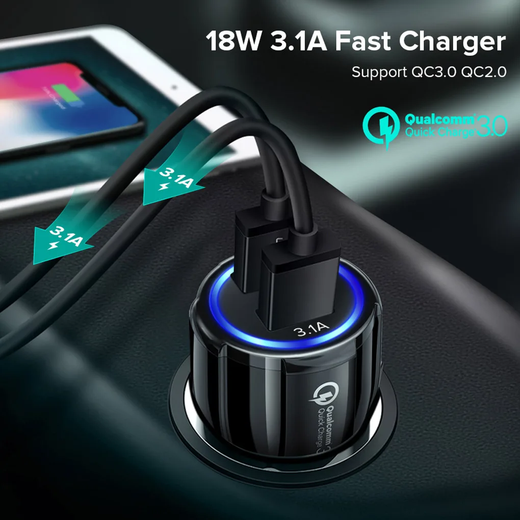 

Charger QC 3.0 Fast Charging Adapter DC 5V 3.1A Dual USB Ports Car Charger for Phone Tablet, Black