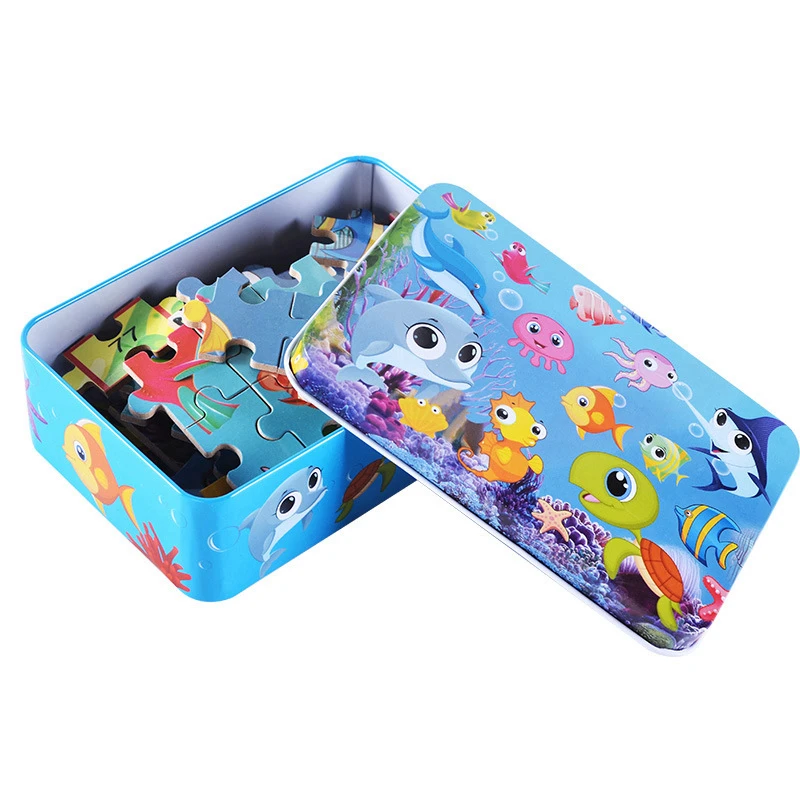 Non-toxic 100pcs/set Wood Jigsaw Puzzle Toy For Children Kids Early Educational Cartoon Puzzle Toy (with Iron Box) Boy Girl Gift