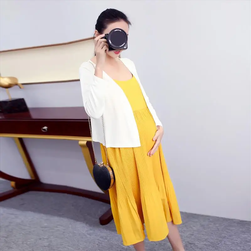 

Maternity Clothes 2018 Spring And Autumn New Style White Cardigan Yellow Camisole Two-Piece Set Loose And Plus-sized Pregnant Wo