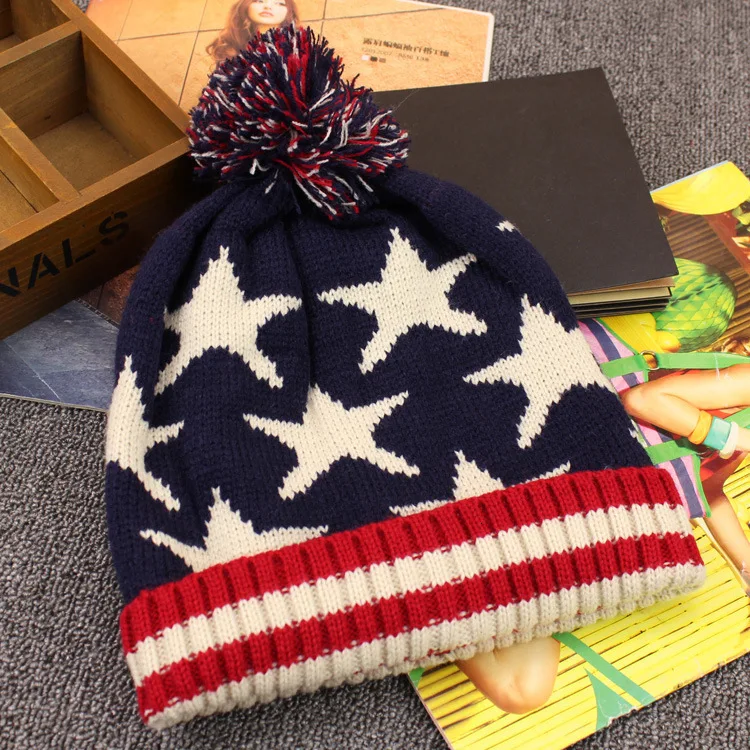 Fashion Casual USA Star And Striped Flag Beanies Women Men Autumn Winter Pom Poms Ball Knitted Cap British Flag Beanies 5