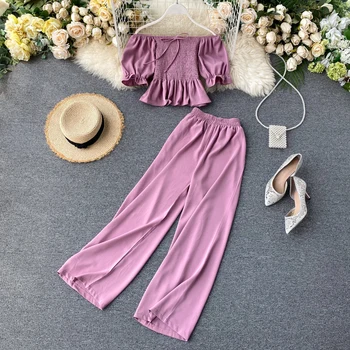 

2020 new female foreign gas bubble sleeve top short section high waist was thin wide leg pants two-piece suit