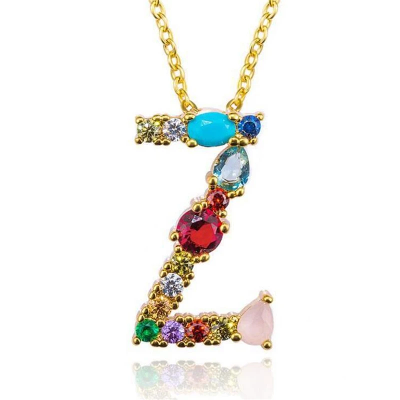 1 шт. модный золотого цвета Micro Pave Rainbow CZ кубический цирконий A-Z инициалы буквенные ожерелья с подвесками для женщин ювелирные изделия - Окраска металла: Z