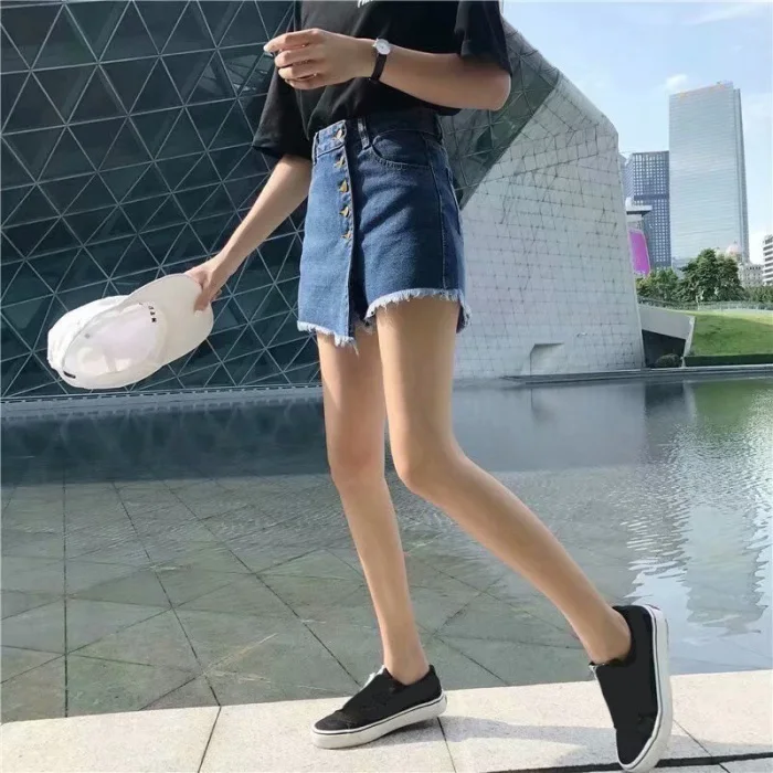 Women Short Jeans High Waist A-Line Half Casual Wide Leg Pants JS24