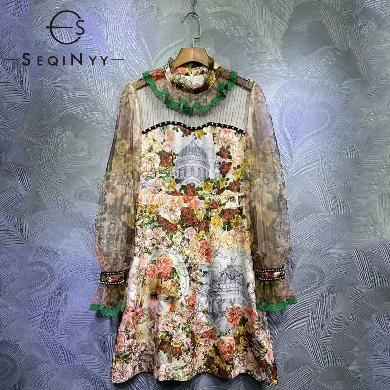 

SEQINYY Vintage Mini Dress 2021 Summer Spring New Fashion Design Women Runway Lace Mesh Beading Flowers Print Dobby Ruffles