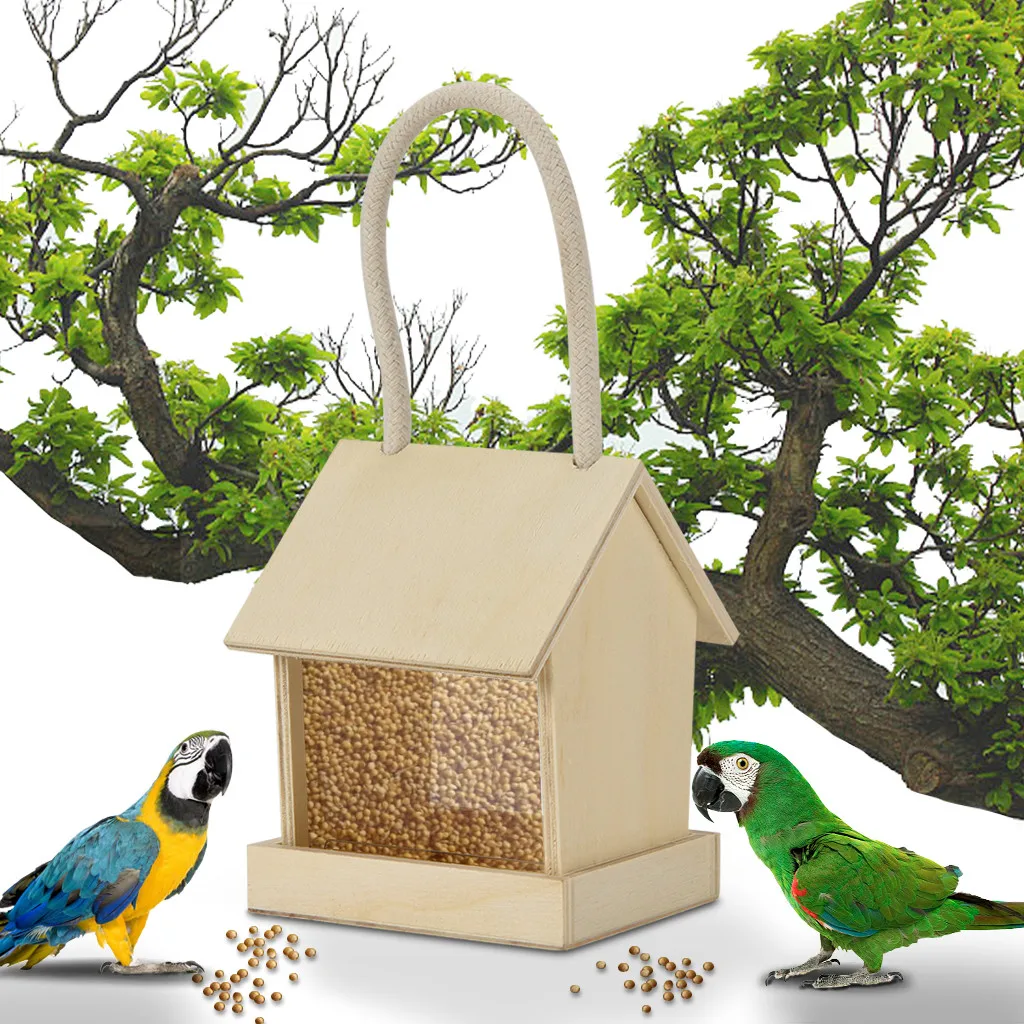 Деревянная подвесная птичья оконная кормушка для просмотра дикого сада, украшения для двора, фидерный контейнер для еды, подвесная беседка