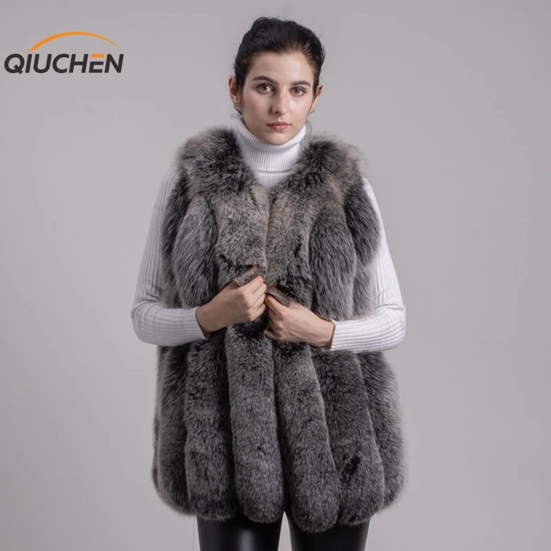 QIUCHEN PJ8097 Новое поступление Полный Пелт сплошной натуральный Лисий мех жилет женский зимний жилет подлинное пальто без рукавов