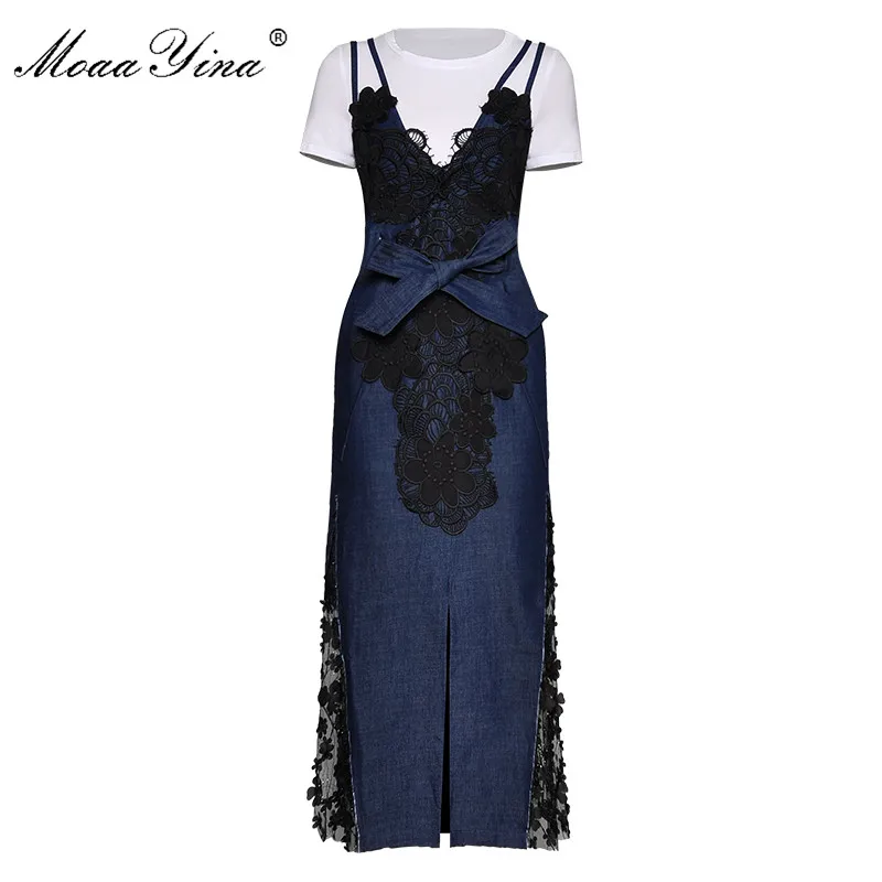 

MoaaYina Fashion Designer Suit Spring Summer Women Short sleeve T-shirt Tops+Spaghetti strap Cowboy Skirt Two-piece set