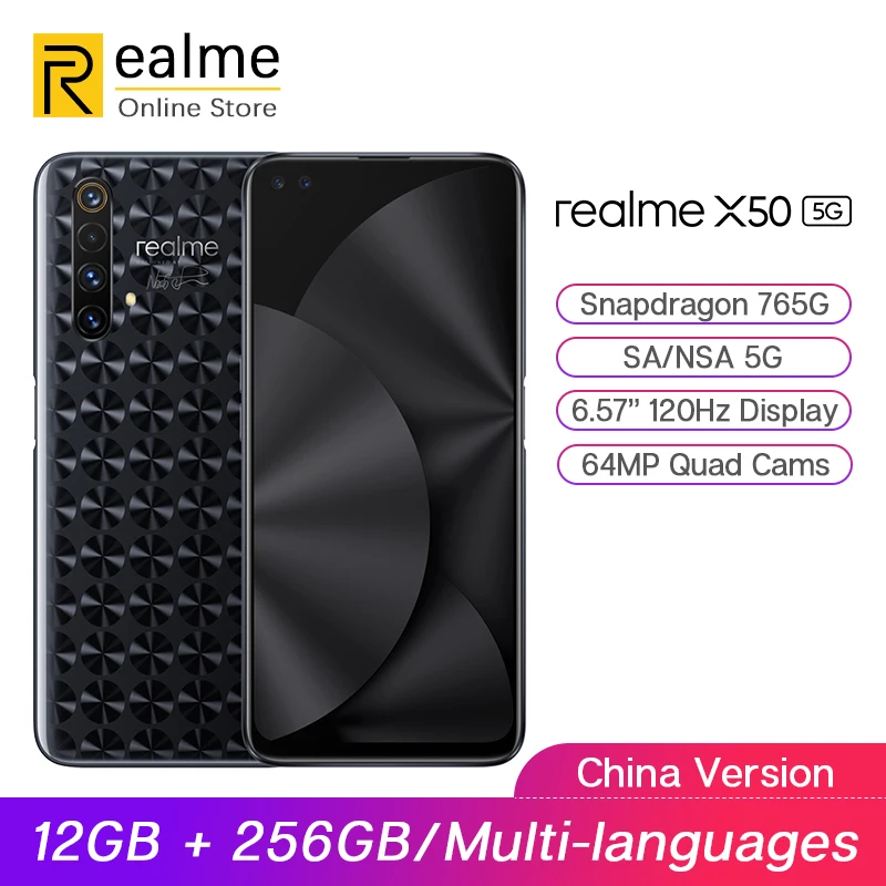 Оригинальный мобильный телефон realme X50 5G 12 Гб 256 ГБ 6 4 дюйма Snapdragon 765G 64MP Quad Cam OPPO VOOC 30
