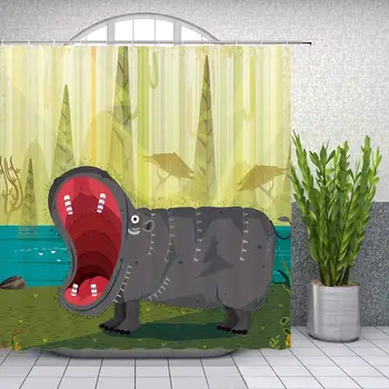 

Hippo Shower Curtain Open Mouth Cartoon African Animals Hand Painted Bathroom Decor Waterproof Polyester Fabric Home Bath Decor
