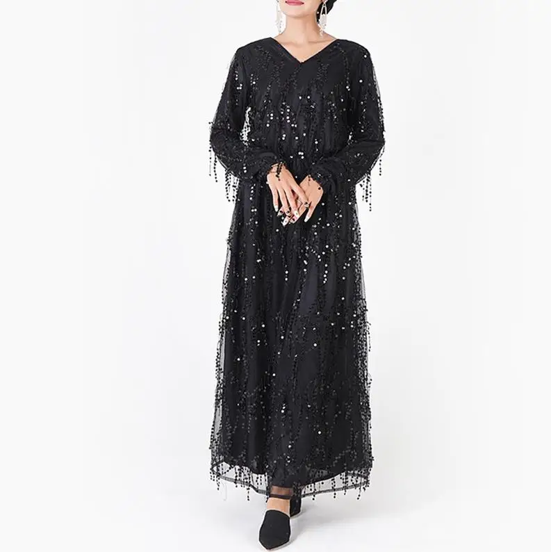 Абайя с блестками турецкий Дубайский хиджаб мусульманское платье абайя s Кафтан Исламская одежда для женщин марокканский кафтан пакистанские платья Elbise - Цвет: Black Black dress