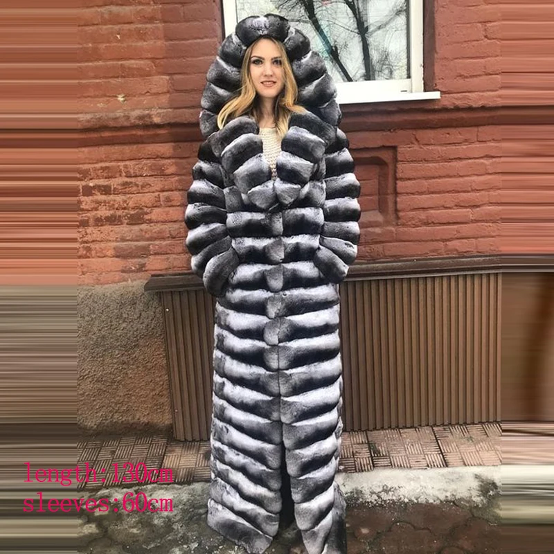 Женская Настоящая Шиншилла Шуба из кролика Рекс с капюшоном натуральный мех зимняя куртка длинный стиль Шиншилла натуральный мех пальто - Цвет: RB-098