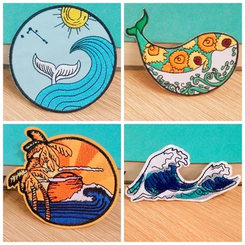 

Iron On Patches For Clothing Whale/Sea Wave Patch Embroidery Patches DIY Adventure Badge Patches For Clothes Applique Accessory