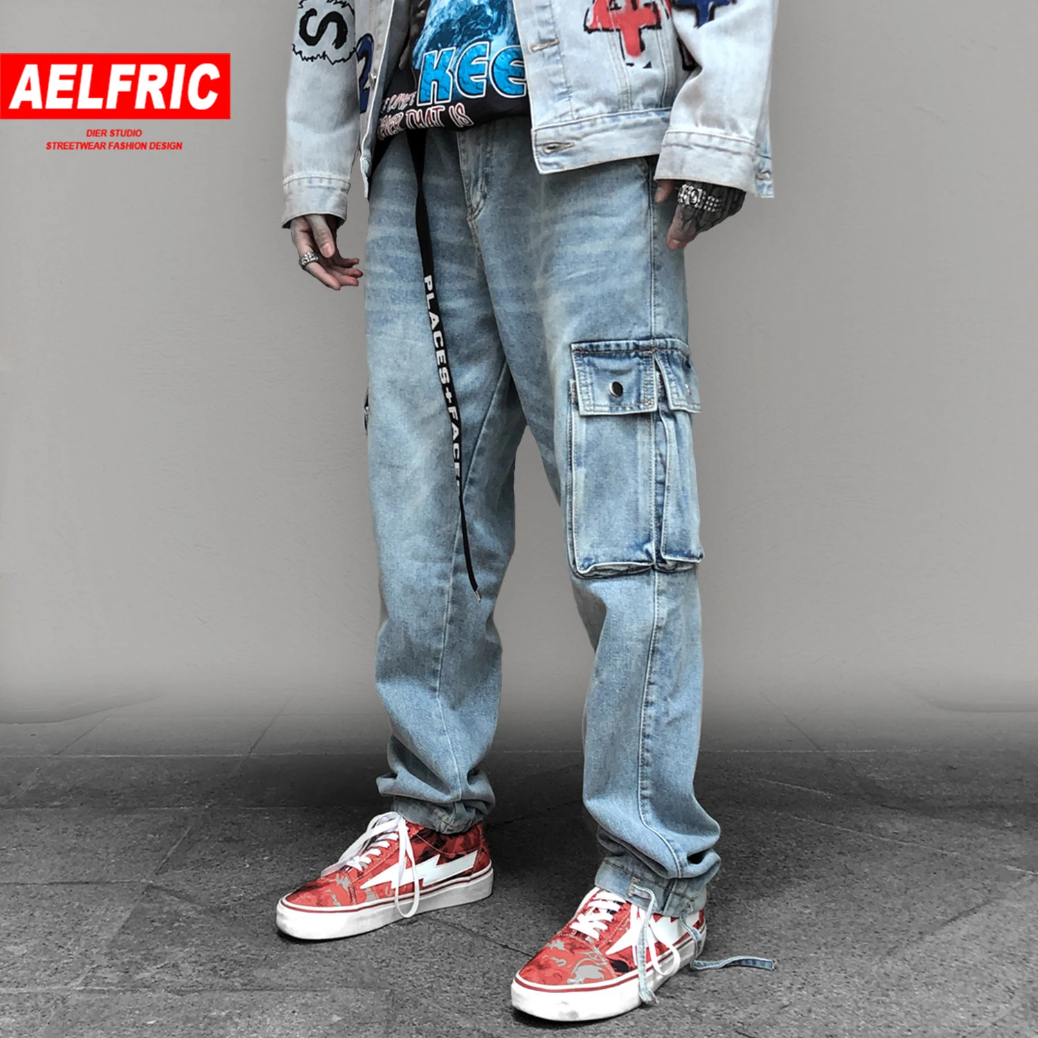 AELFRIC хип хоп Мульти Карманы Мужские джинсы модные Harajuku винтажные джинсовые брюки Беговые брюки в повседневном стиле мужские брюки карго уличная одежда