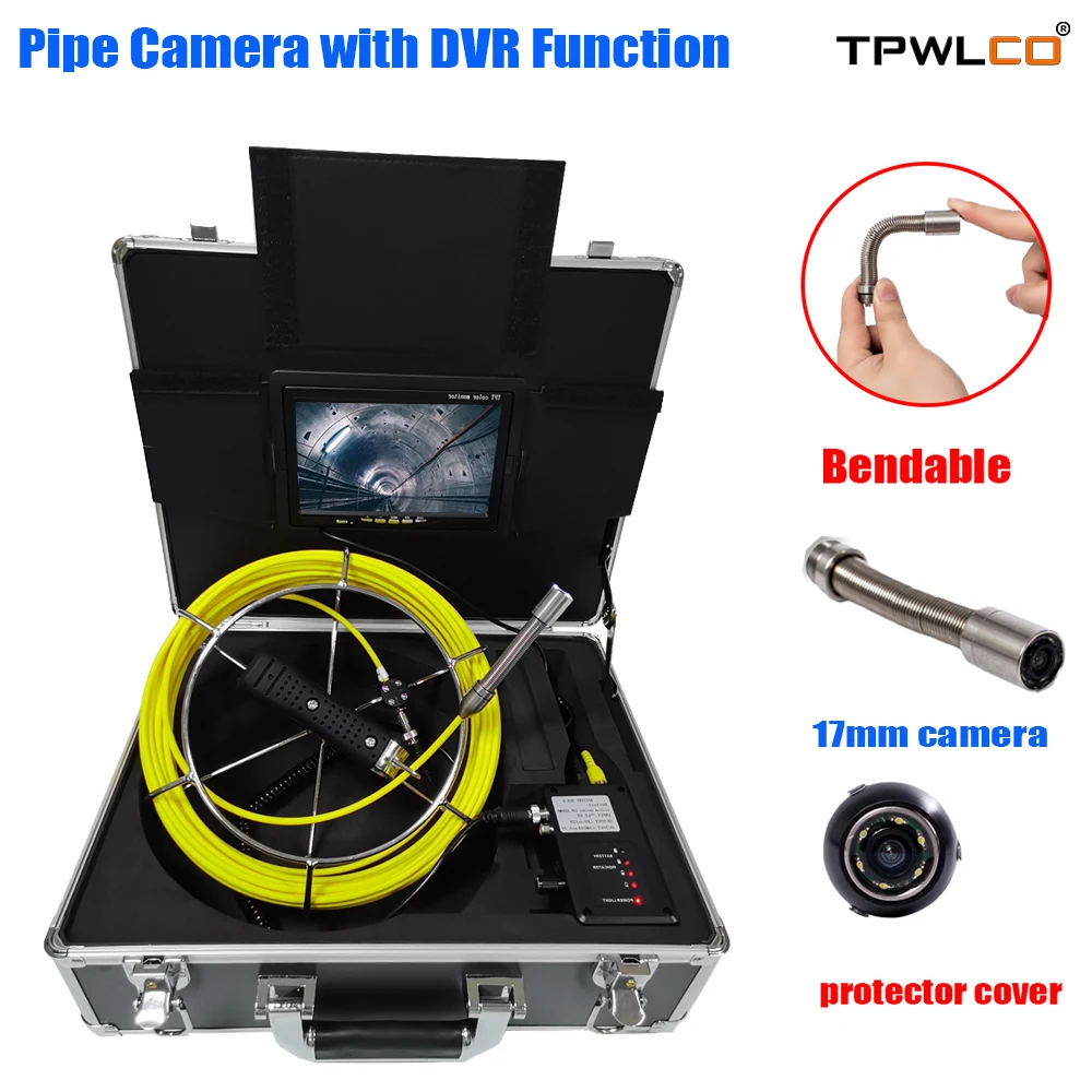 

17mm Video Camera 7" Monitor Sewer/Drain/Pipe Inspection Industrial Pipeline Endoscope System 8GB SD Card With DVR 20-50m Cable