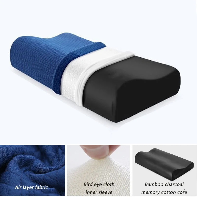 Ортопедическая подушка для сна, бамбуковый уголь, пена с эффектом памяти, защита шейки, облегчение боли в шее и плечах для взрослых с наволочкой - Цвет: Синий
