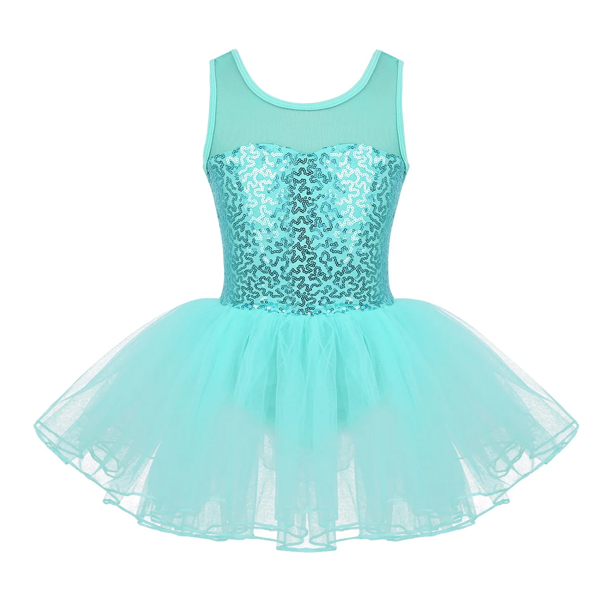 iEFIEL Kids Girls Dancewear Ballerina Performance Mesh Splice Sequins Ballet Dress Costumes Gymnastics Leotard Dance Tutu Dress - Цвет: Mint Green