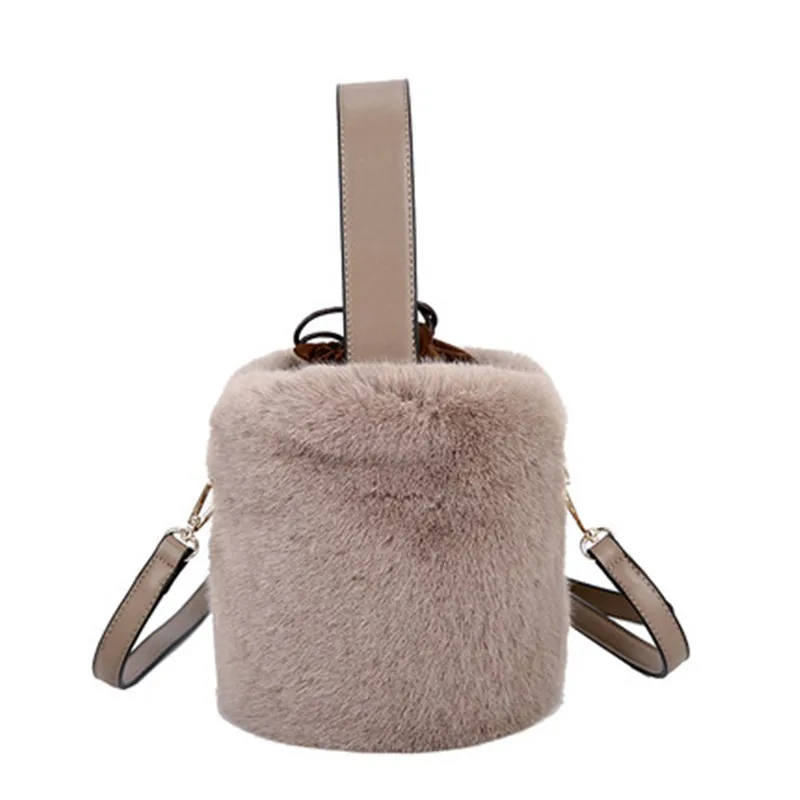 

women winter noelty small bucket plush fake fur black white khaki top-hanlde bag for female mini cute one shoulder crossbody bag