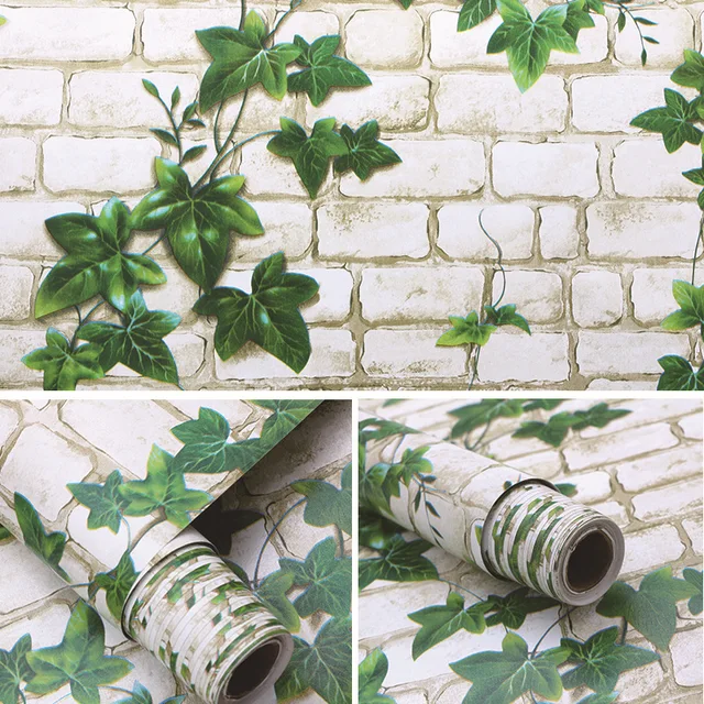 Home Decor 3D PVC Grain Wall Paper Brick Stone  Wallpaper Self-Adhesive Living Room Bedroom Wallpapers Wall Stickers Decoration Green leaf brick