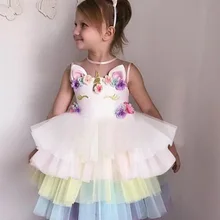 Нарядное платье с единорогом для маленьких девочек разноцветное многослойное газовое платье принцессы без рукавов для свадебной вечеринки, детская одежда для детей от 3 до 8 лет, E88440