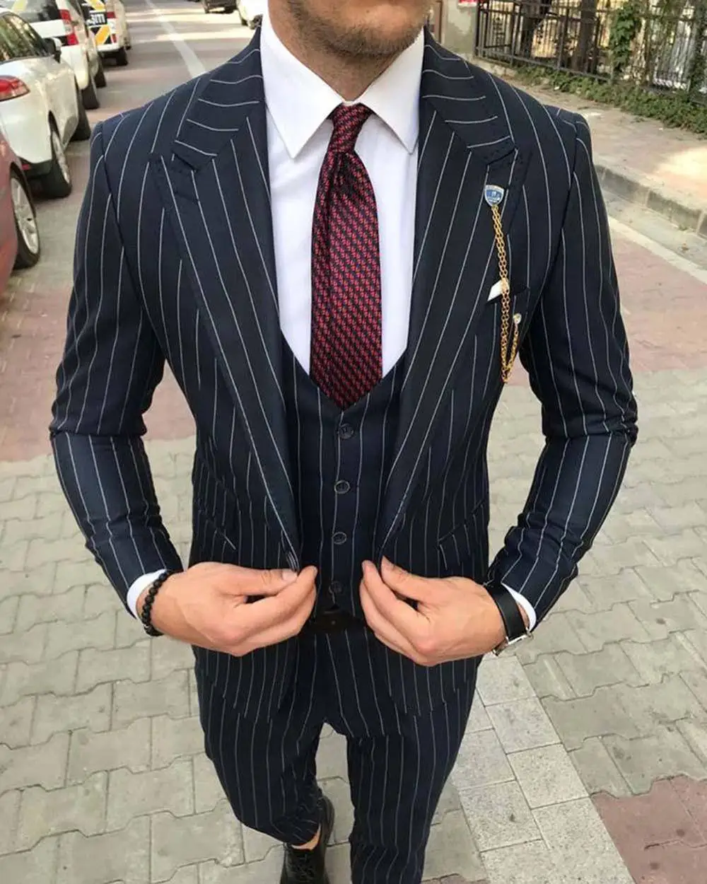 as picture Модные Полосатые Дизайнерские мужские костюмы, приталенные, повседневные, 3 штуки, деловые Женихи, мужские смокинги с отворотом для официальных мероприятий, свадебная одежда - Цвет: as picture
