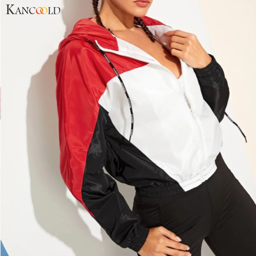 

KANCOOLD Jacket fashion Patchwork Pockets Coat loose Hooded Zipper Women windbreaker Long Sleeve regular Pockets Sport Skinsuits