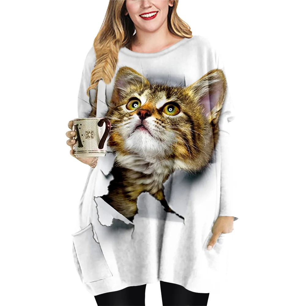 

SOJINM осеннее женское платье, свободные Мини платья с принтом кошек, повседневные платья с круглым вырезом и длинным рукавом, Пляжное женское платье