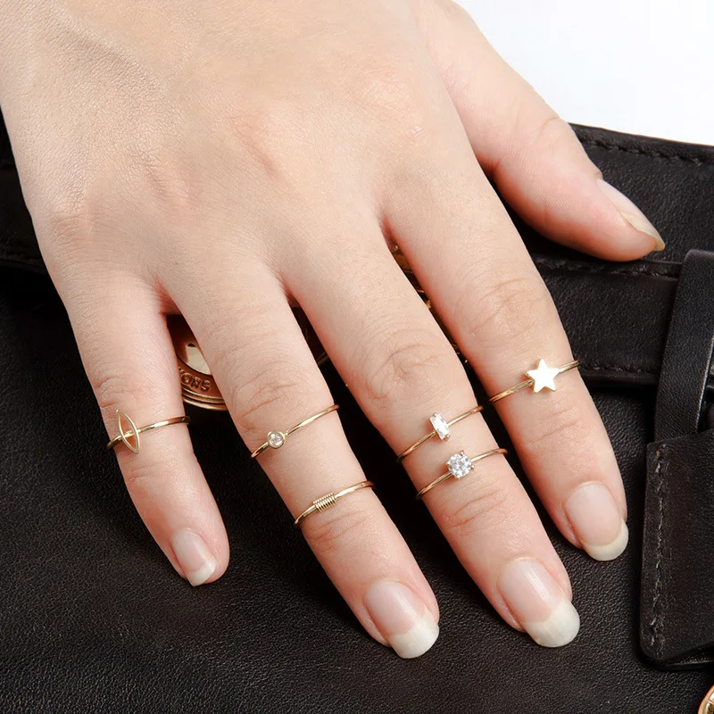 

6pcs/set Eco-friendly Alloy Gold Silver Color Star Rhinestone Geometric Twisted Wire Midi Knuckle Ring Sets For Women Gold Ring