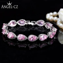 ANGELCZ милые девушки розовый кубический цирконий камень Стерлинговое Серебро 925 браслеты для женщин дружба ювелирные изделия подарок AB004